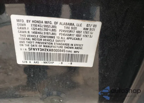 2010 Honda Pilot Lx z USA, uszkodzony, nr VIN 5FNYF3H2XAB005945